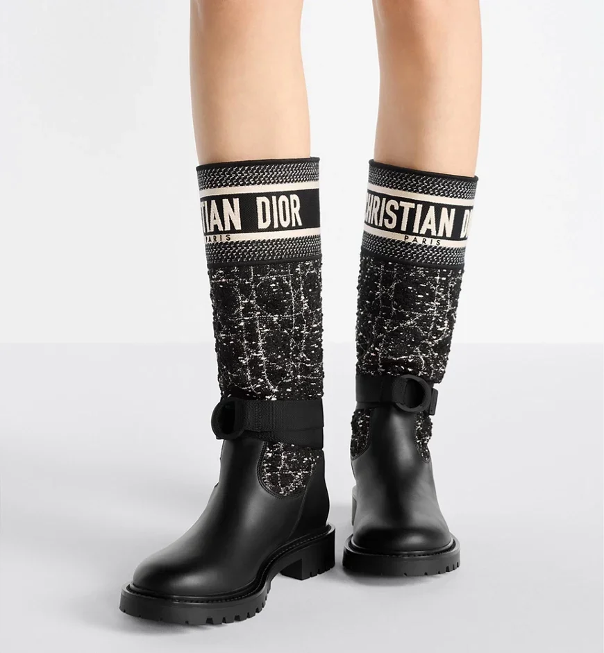Image showing 6 luxury boots: Chanel Coco Neige, Dior D-Major, and Miu Miu with prices.