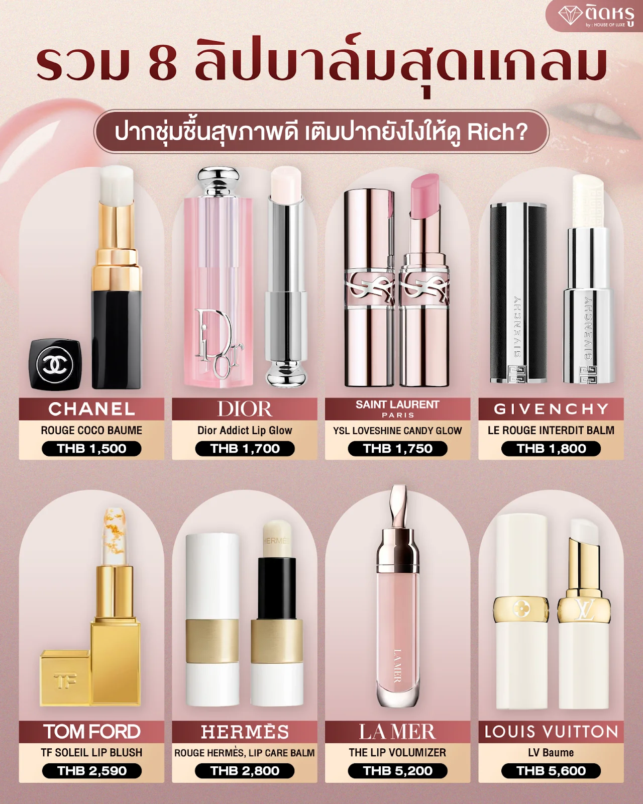 Collection of 8 luxury brand lip balms for premium lip care