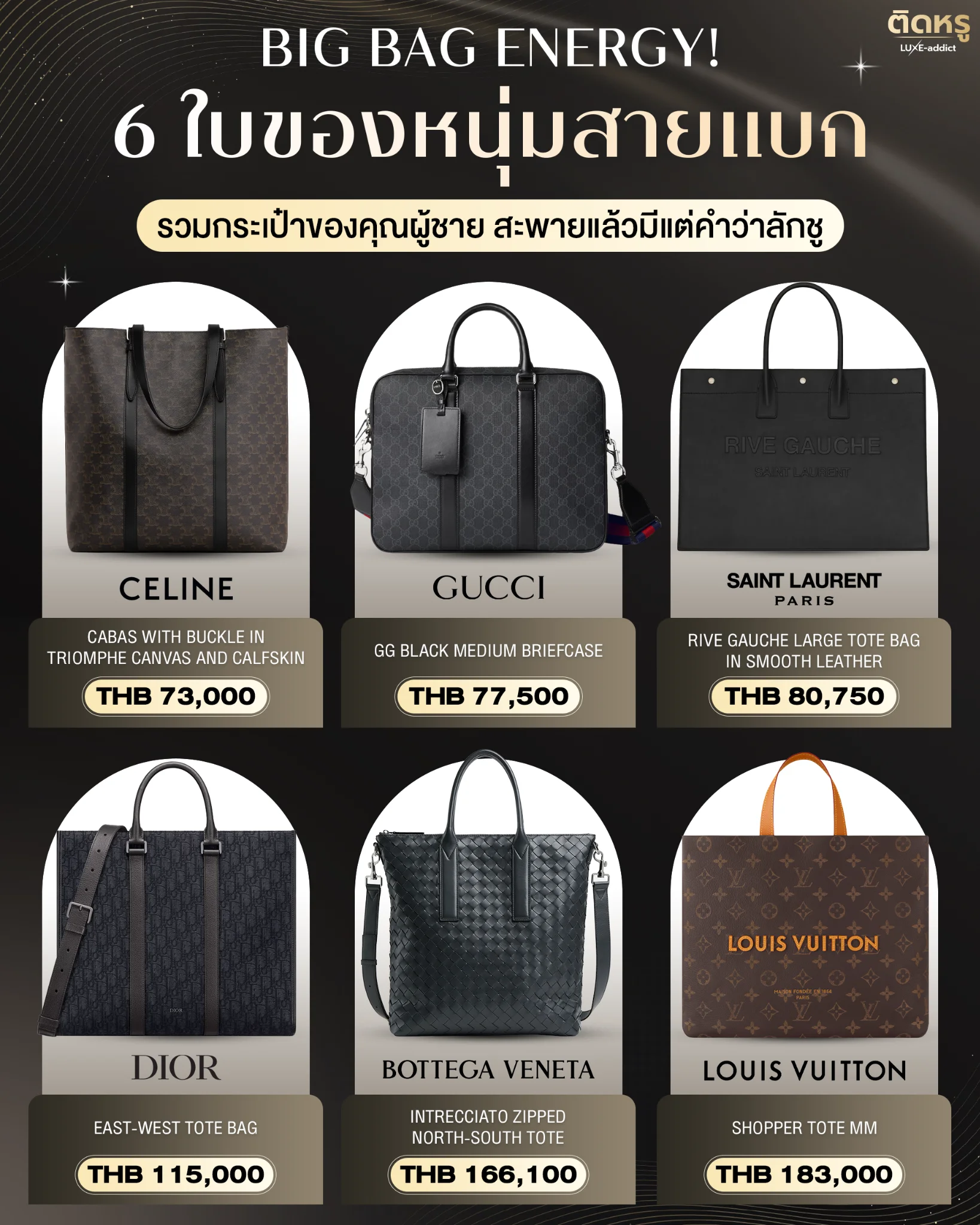 Image showing 6 luxury men's tote bags: Gucci Briefcase, YSL Tote, and Celine Cabas.