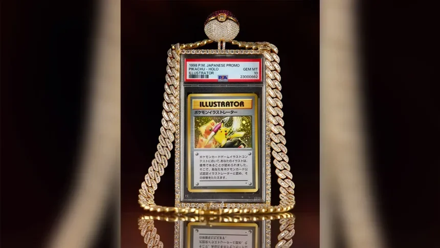 Logan Paul wearing his diamond-encrusted Pokemon card case