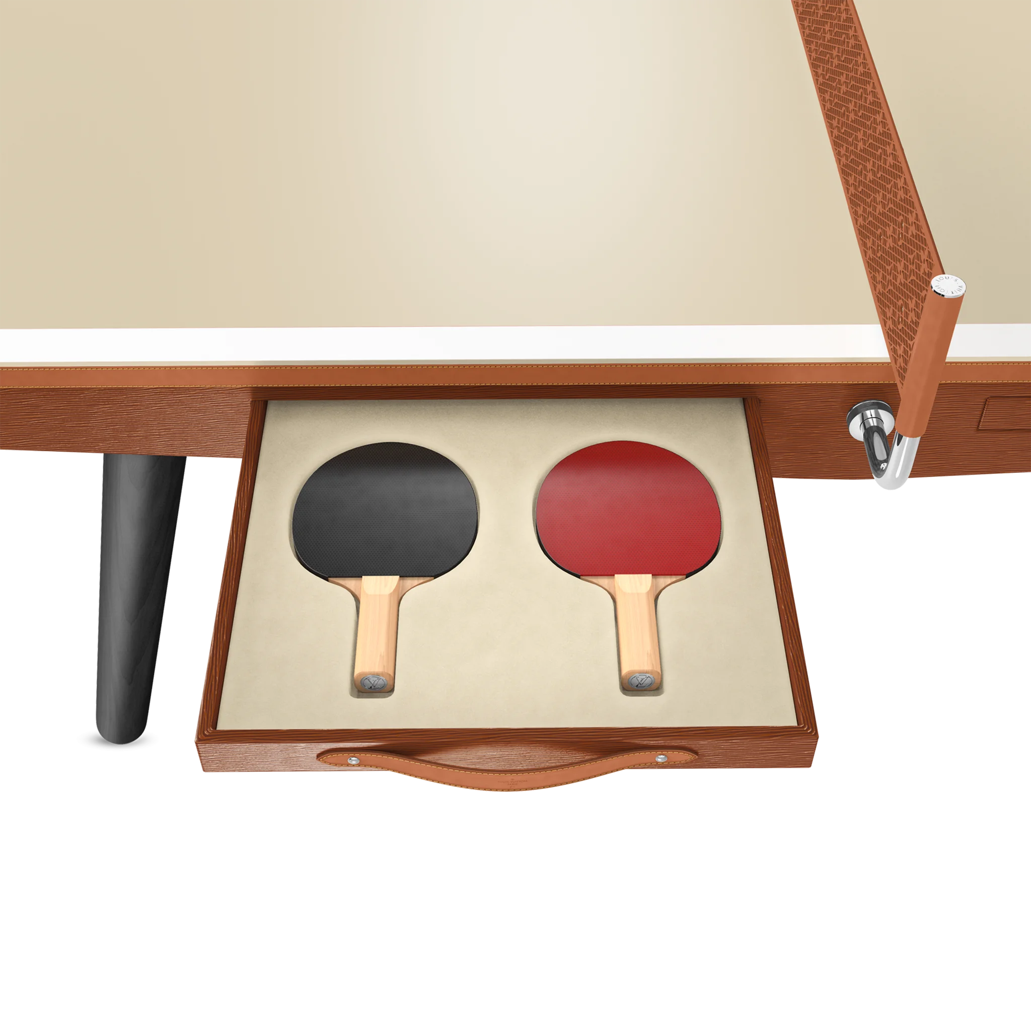 Close-up craftsmanship of signature canvas and Heritage stripes on a luxury designer ping pong table